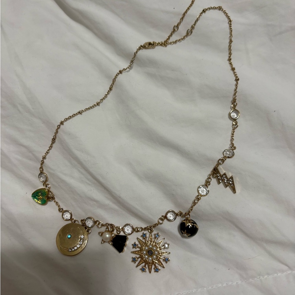 Gold Charm Necklace with Black and Green Accents